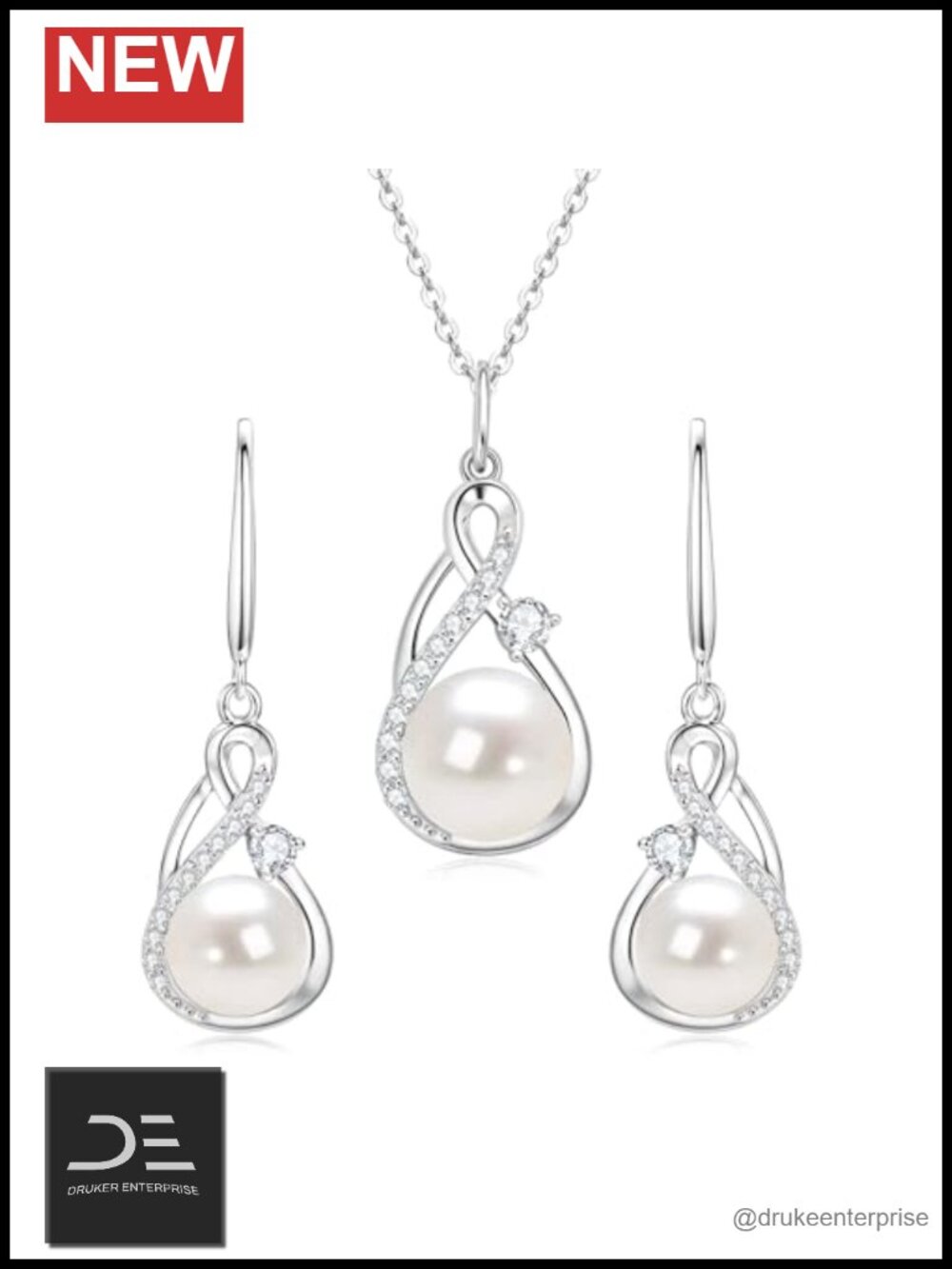 Freshwater Pearl Necklace Earrings Set 14K White Gold Plated Moissanite Infinity